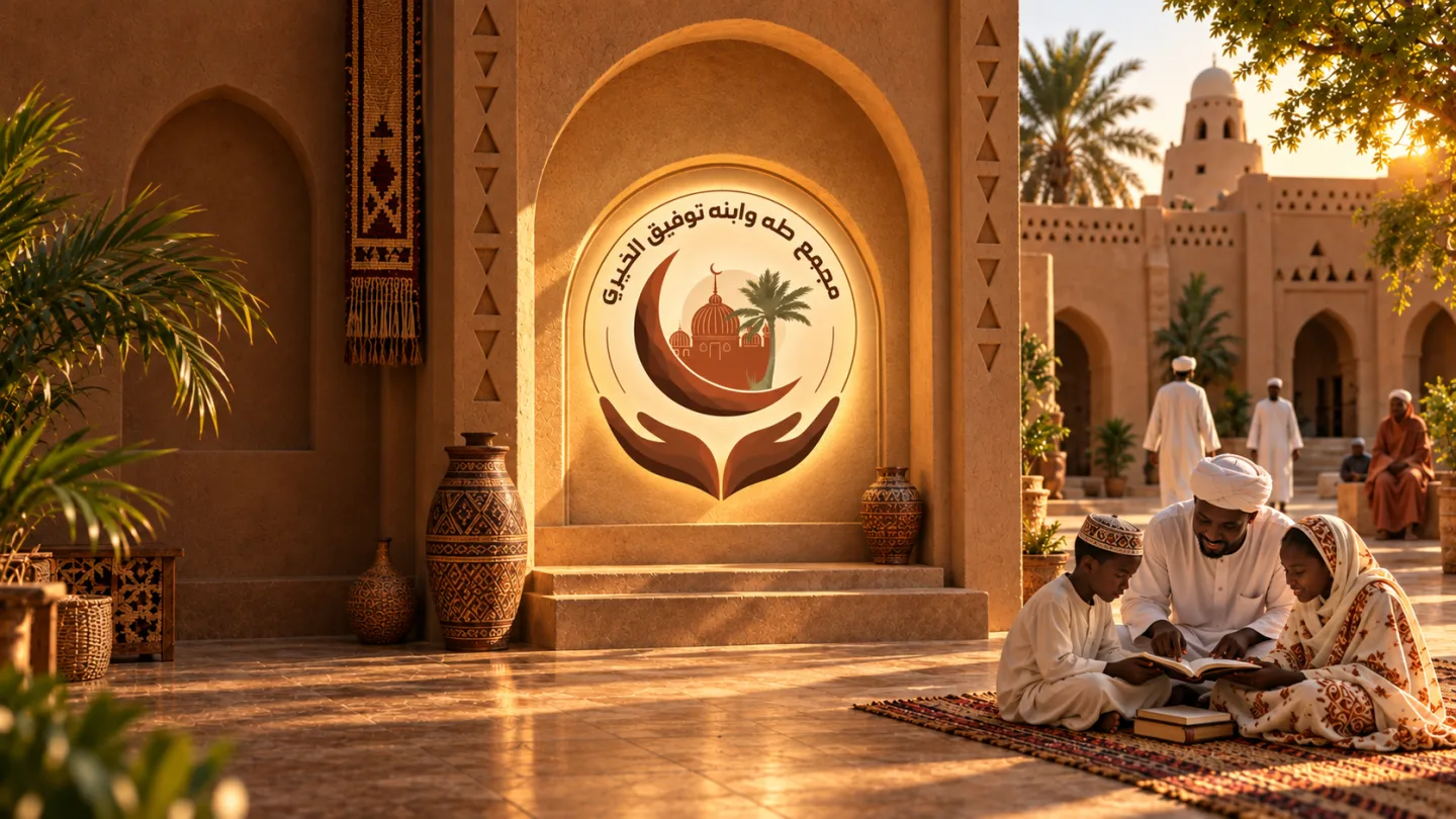 بوابة مجمع طه وابنه توفيق الخيري وأطفال يقرؤون القرآن في فناء المجمع