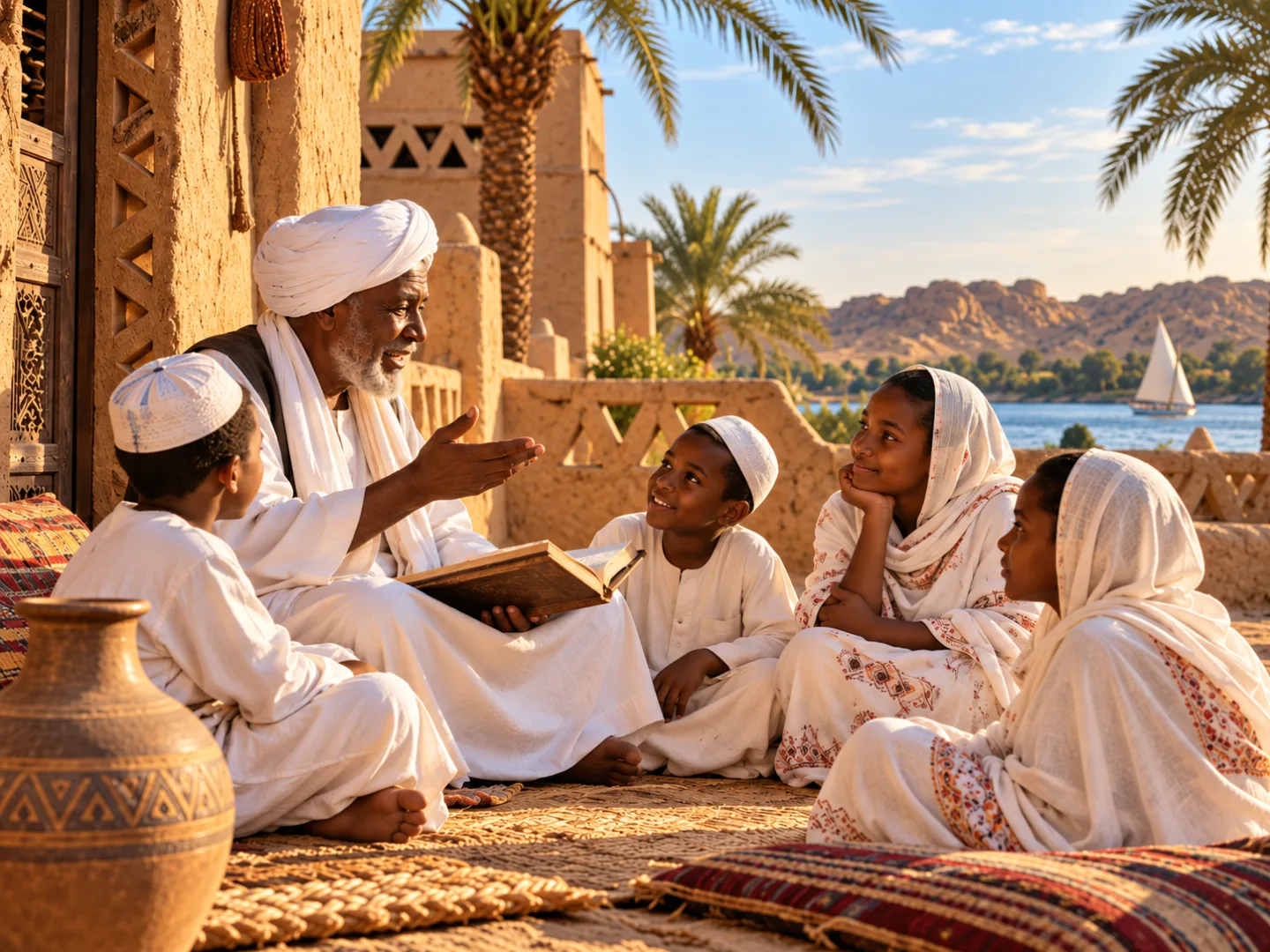 A teacher reading the Qur’an with children in a Nubian courtyard